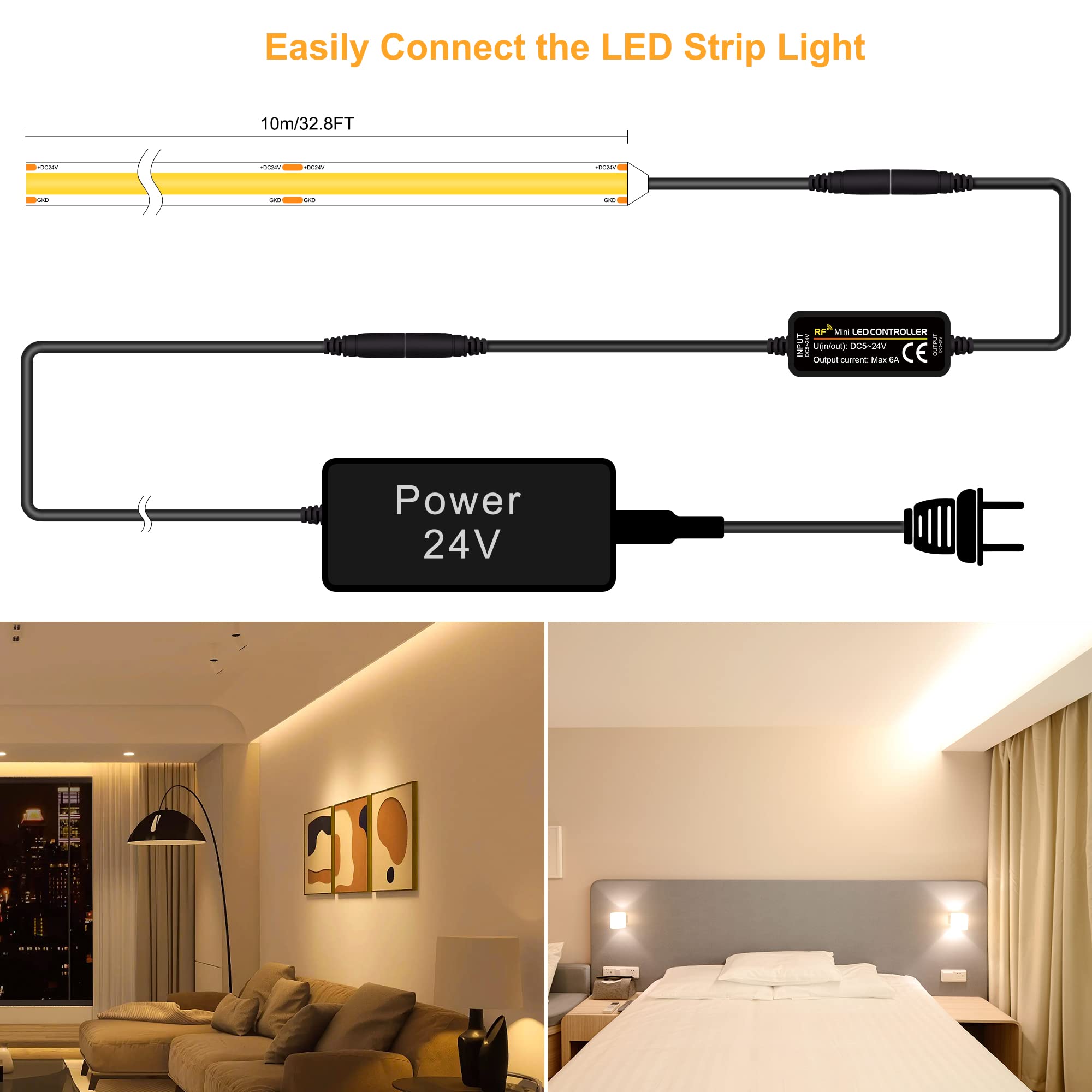 TTWAY Striscia LED COB 2700K, Bianca Calda Striscia LED 10 metri con Alimentatore GS, telecomando RF, 384 LED/M, CRI93+, Luci LED per TV, Decorazione della Camera da Letto