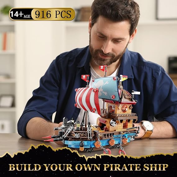 Pirate Ship Building Blocks Set with LED Lights-Compatible Standard Brick,916Pcs Pirates Boats Medieval Pearl Pirate Ship Model Creative Decor Halloween Christmas Birthdays Party Gifts for Teens