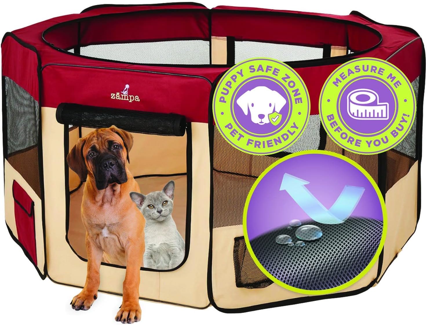 Zampa Pop Up Portable Large 61"x61"x30" Playpen for Dog and Cat, Foldable | Indoor/Outdoor Pen & Travel Pet Carrier + Carrying Case