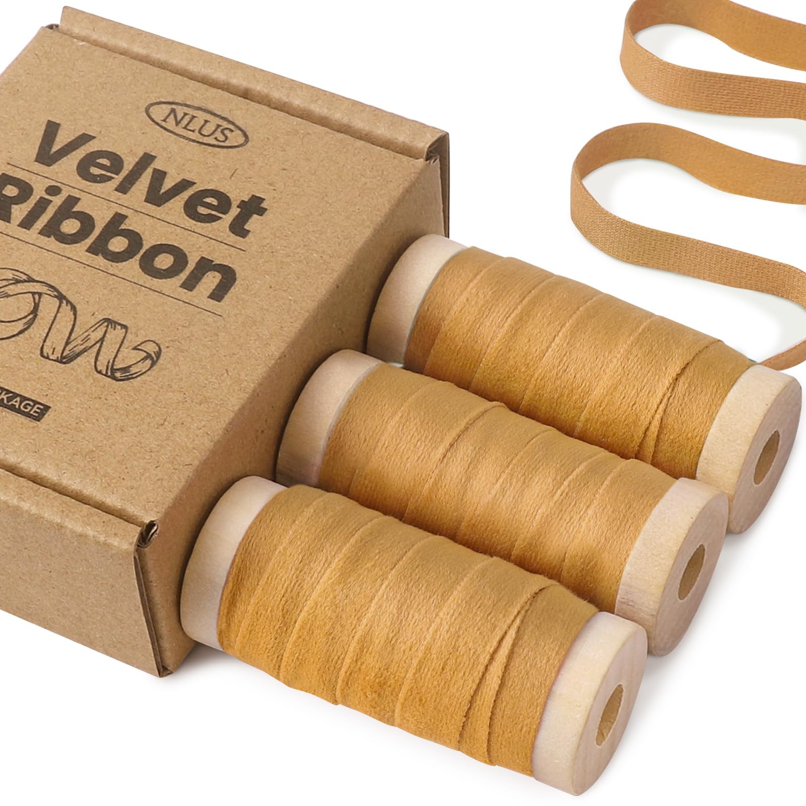 NLUS Christmas Velvet Ribbon Set 3/8" x 15 Yd with Wooden Spool for Christmas Tree Decoration Gift Wrapping Handmade Craft Ornaments Bow Making (3 Rolls x 5Yd)