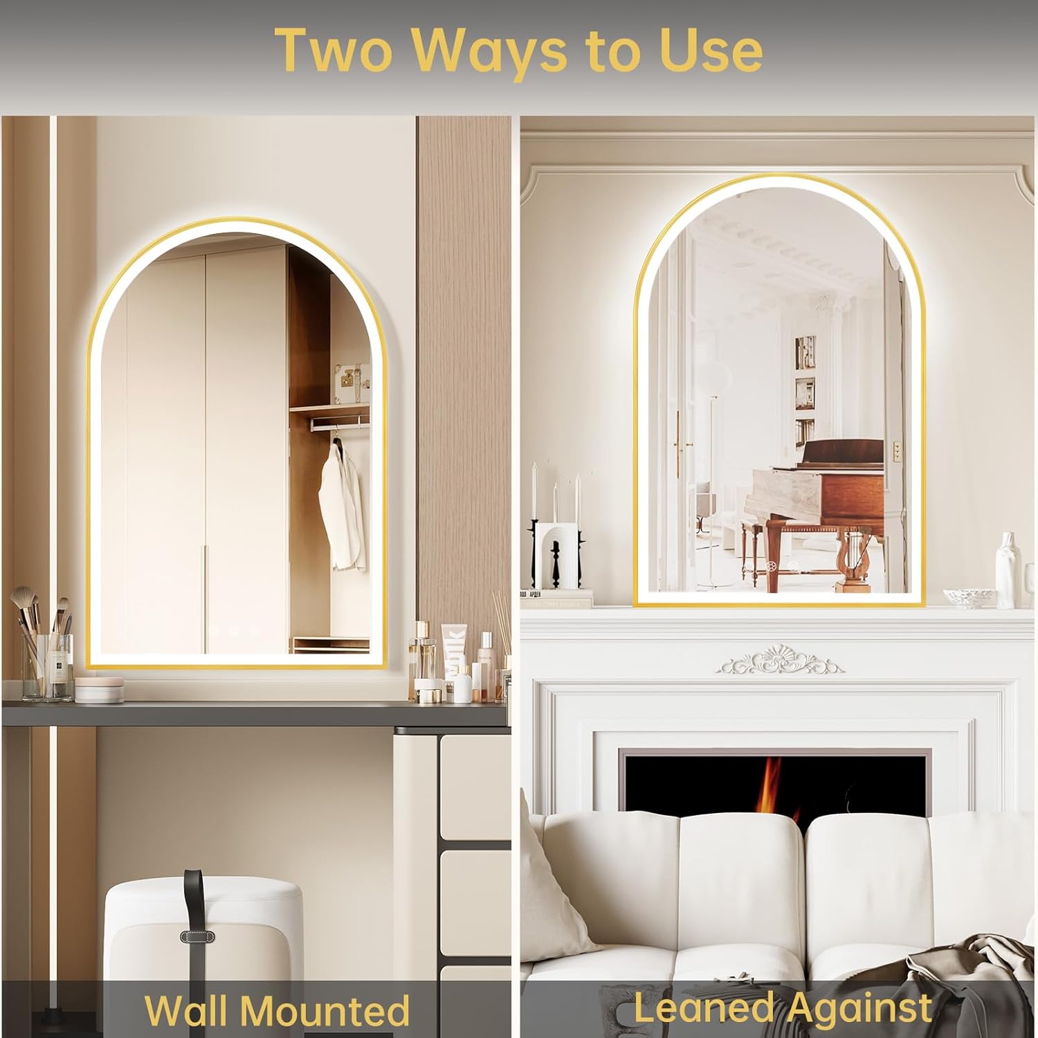 24"x36" Arched LED Mirror for Bathroom, Brushed Gold Lighted Bathroom Mirror with Lights, Fogless, Dimmable, Shatterproof, Touch Sensor, 3 Color Changing