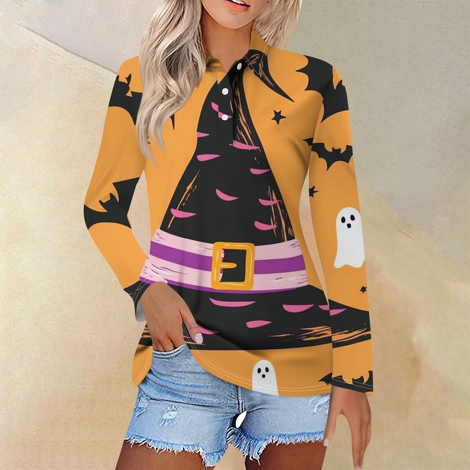 Womens Halloween Fall Long Sleeve Ghost Graphic Polo Shirts | Women's Plus Size Cotton Tops, Summer T Shirts for Women Graphic, Work Blouses, Summer Work Clothes, Blusa