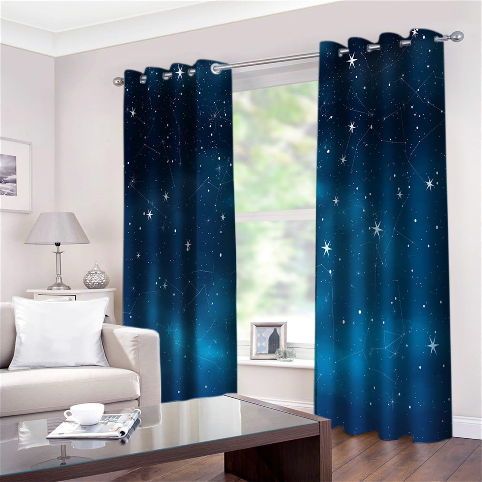 Lot de 2 rideaux occultants à isolation thermique avec œillets pour chambre à coucher et salon - Étoiles Et Constellations Rideau de fenêtre pour Enfants Chambre- Bleu Étoilé 220 x 215cm (l x P)