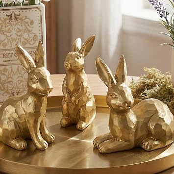 Set of 3 Easter Gold Bunny Resin Figurines Vintage Resin Bunny Figurines Rabbit Statues for Spring Easter Home Office Table Centerpieces Decor