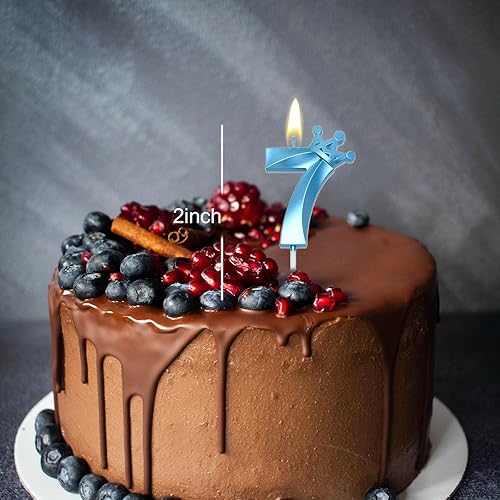 Miniatura 2 de Vela azul con el número 7 para pastel de cumpleaños, corona en forma 3D, decoración de pastel temática azul para fiesta de 7 cumpleaños (azul 7)