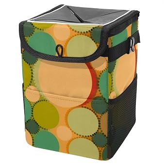 Car Trash Can with Lid and Storage Pockets Leak-Proof Organizer,Multipurpose Trash Bin for Car,Vintage Dot Bubbles