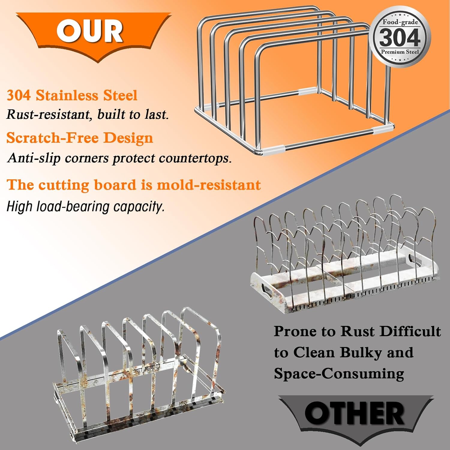 304 Stainless Steel Cutting Board Organizer Rack – Rustproof Compact 4-Slot Holder for Thin Cutting Boards and Plates – Premium Kitchen Storage Solution for Countertops and Cabinets - Image 5