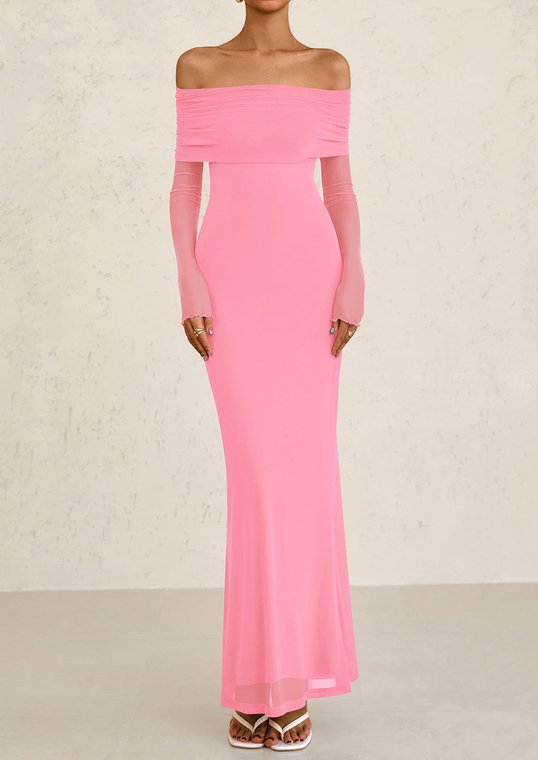 PRETTYGARDEN Fall Dresses for Women 2026 Elegant Off The Shoulder Long Sleeve Formal Wedding Guest Bodycon Maxi Dress - Image 3