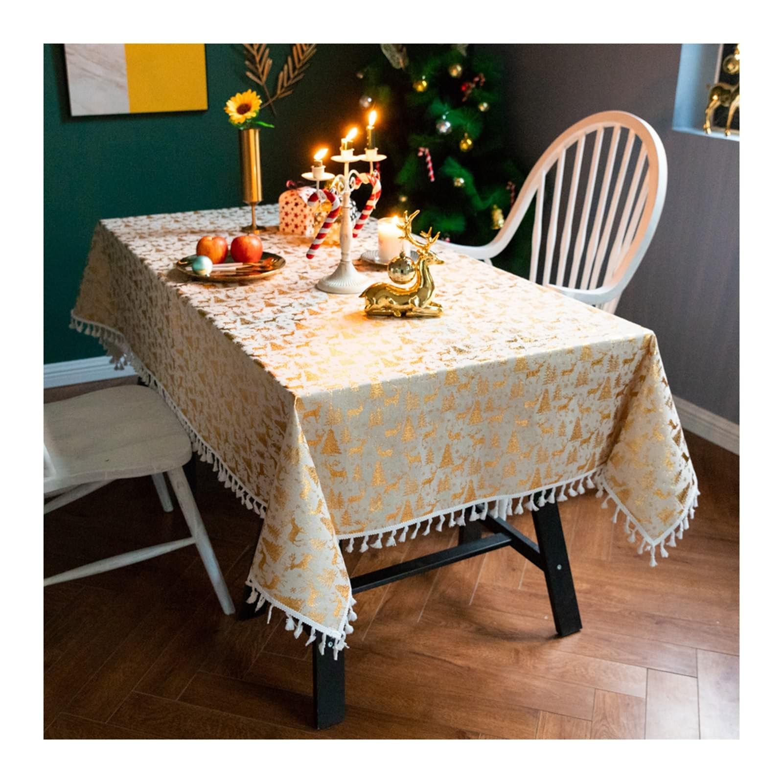 Nappe rectangulaire 90x90 cm en coton lin à motif sapin de Noël Daesar or