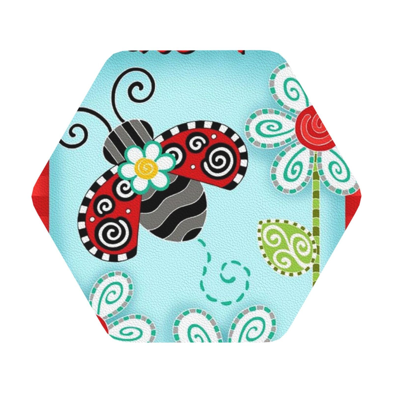 Ladybug Flower PU Leather Coasters Set of 6 Hexagon Drink Coasters