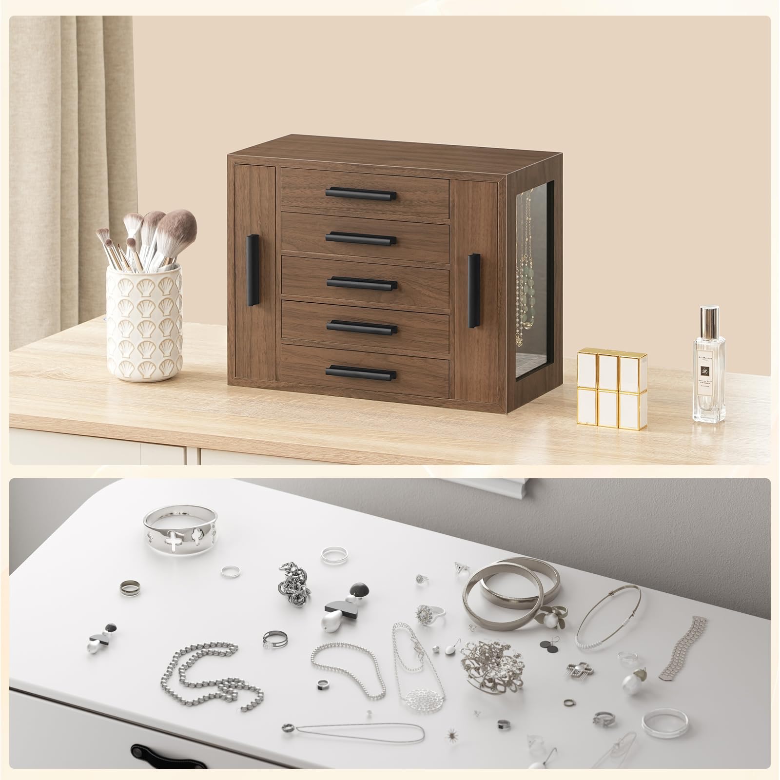 HOOBRO Caja para Guardar Joyas con 5 Niveles, Joyero de Madera con Ventanilla Transparente y 2 Cajones Verticales, Cofre para Joyas, Pendientes, Collares, Anillos, Relojes, Nogal y Negro EBH19JB04