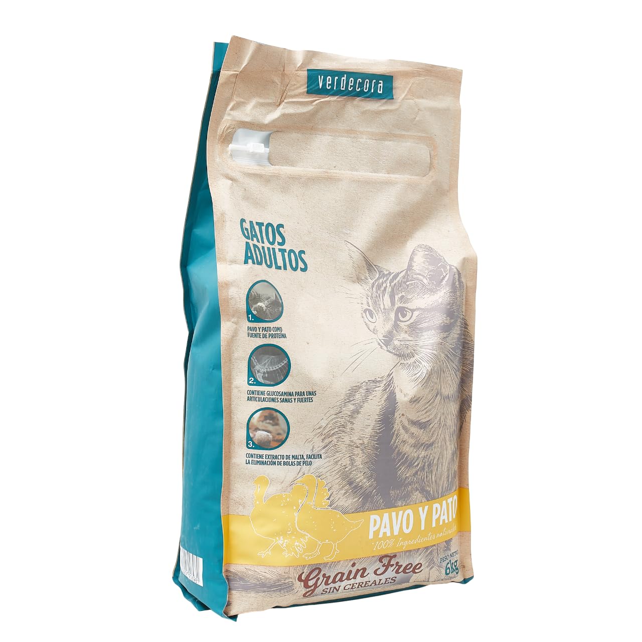 Verdecora Alimento Completo para Gatos Adultos con Pato y Pavo | Sin Cereales | Pienso para Todas Las Razas | 6kg
