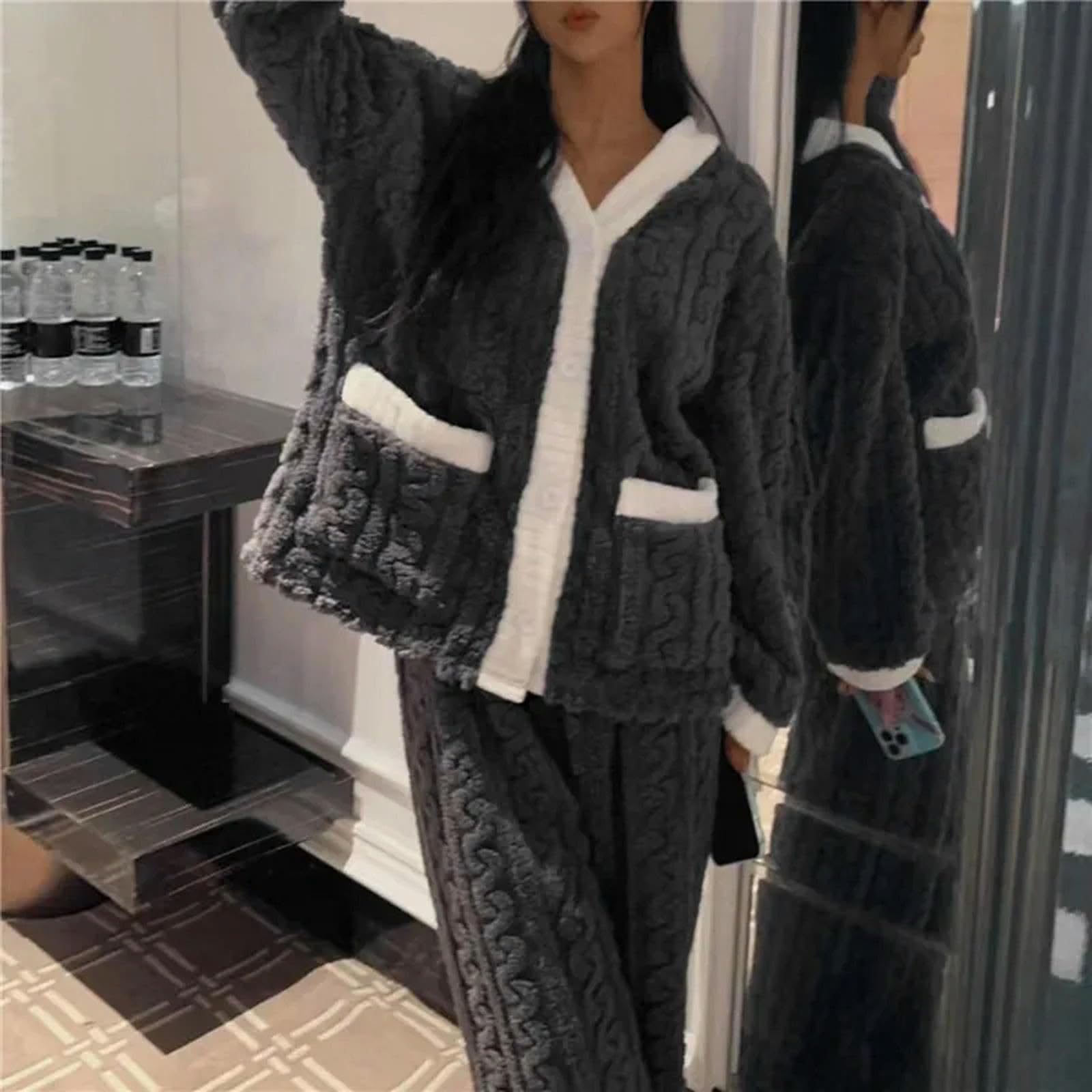MdybF Pigiama Donna Donne Piccola Set Autunno Inverno Caldo Spesso Homewear A Manica Lunga Abbigliamento da Sonno Abbigliamento per Pigiama Femmina