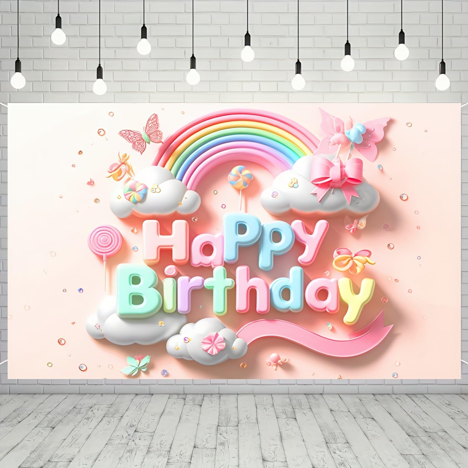 Rainbow Clouds and Butterfly Lollipop Birthday Banner - 71x43 Inch Polyester rainbow banner Photography Backdrop for Birthday Parties Celebrations Home and Garden Decor by Blissyard