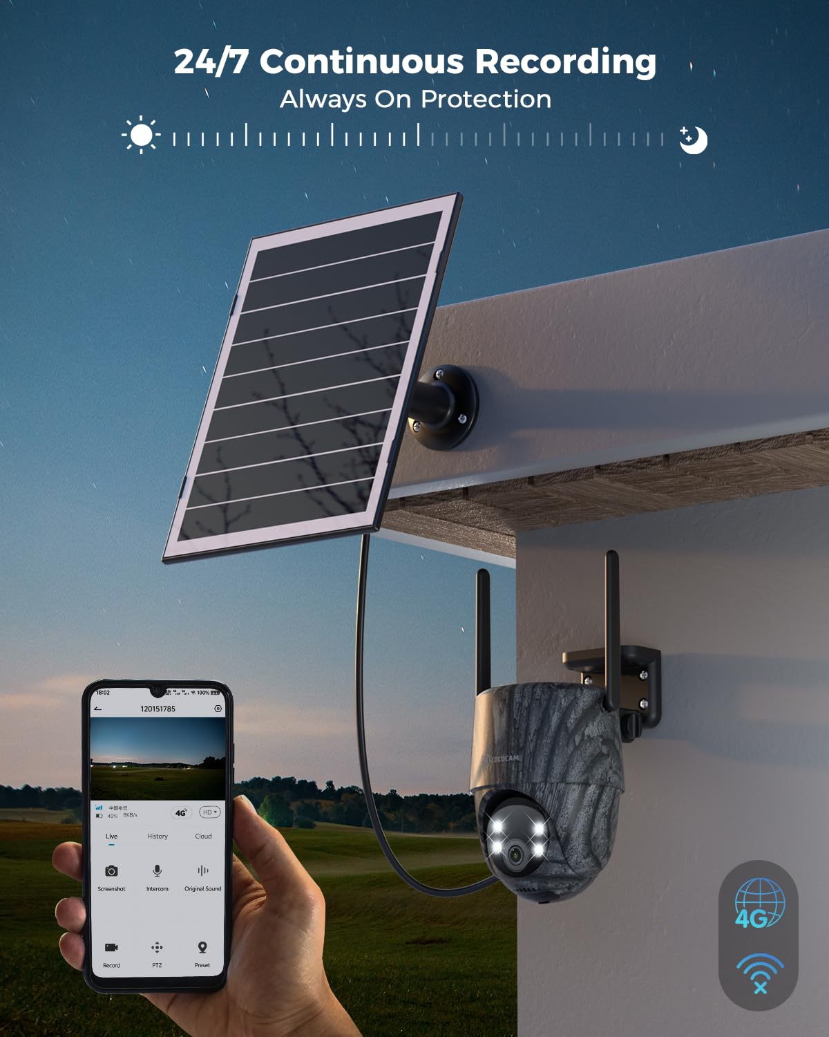COCOCAM 24/7 AOV 4G LTE bez WiFi Kamera bezpieczeństwa | Kamera Szlakowa, AI Wykrywanie, Śledzenie, Noktowizja 30m, Bateria 15000mAh, Panel 8W, eSIM, BEZ WiFi