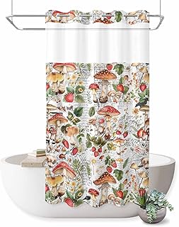 No Hook Shower Curtain, Mushroom Shower Curtains for Bathroom with See Through Top Window, Pastoral Summer Botanical Watercolor Vintage Waterproof & Washable Bath Curtain Stand Up Stall 36"x72"