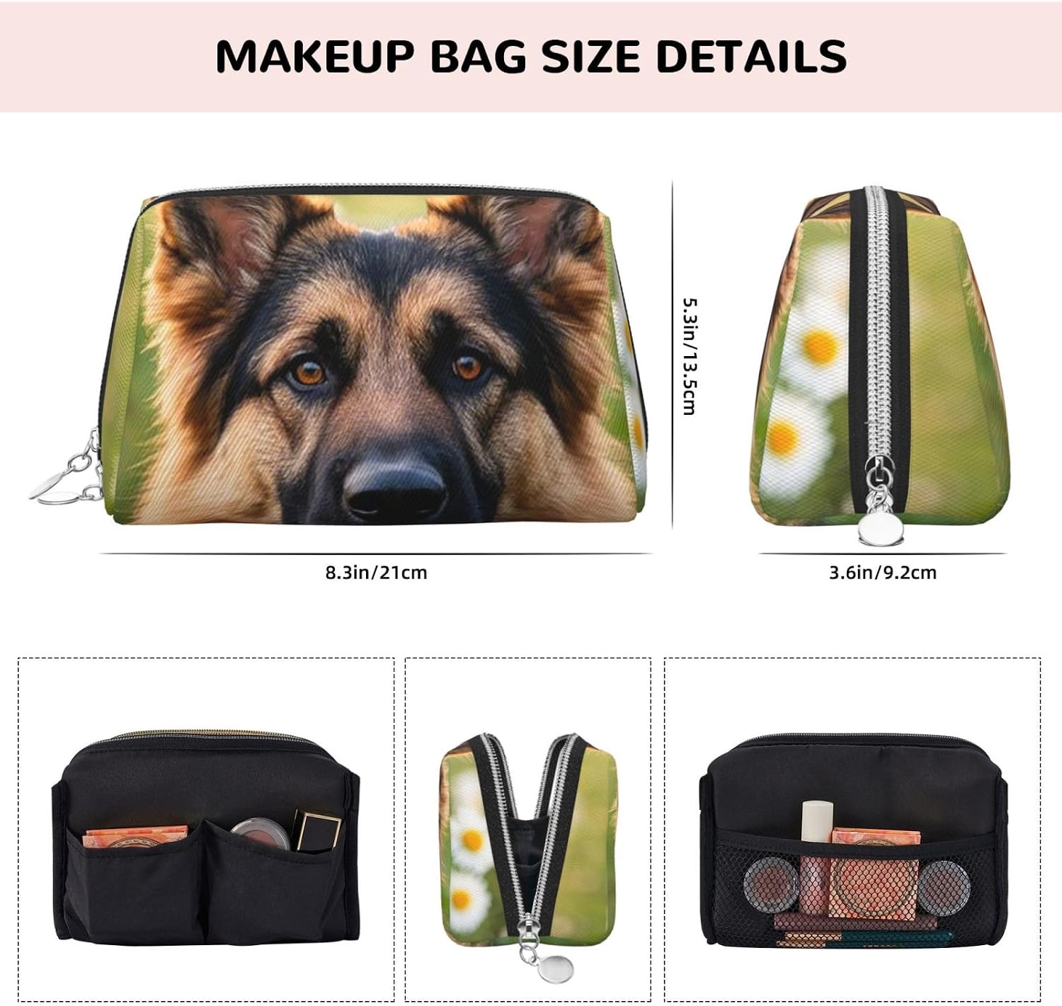 PU Leather Makeup Bag Large Capacity Portable Travel Cosmetic Bags Organizer Waterproof Toiletry Bags Flat Open Make up Pouch Cute Pet German Shepherd Dog Bathroom Bag for Women Gifts image 4