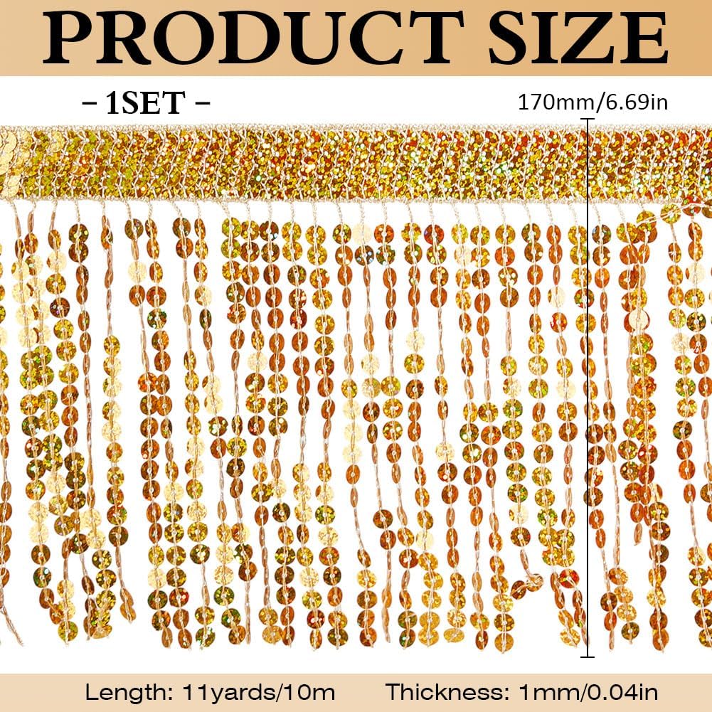 MAYJOYDIY 11 Yards Gold Sequins Fringe Trim 6.69 Inch Sparkling Fringe Tassel Trimming Sequin Tassels Sewing Decoration for Latin Dress Stage Costume Sewing Crafts Party Decoration