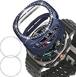 DEALELE [Pacote com 2 + 2 capas de vidro temperado compatível com Samsung Galaxy Watch 7 Ultra 47 mm, Bling Diamond + capa protetora fosca de PC + protetor de tela de vidro temperado, azul + azul