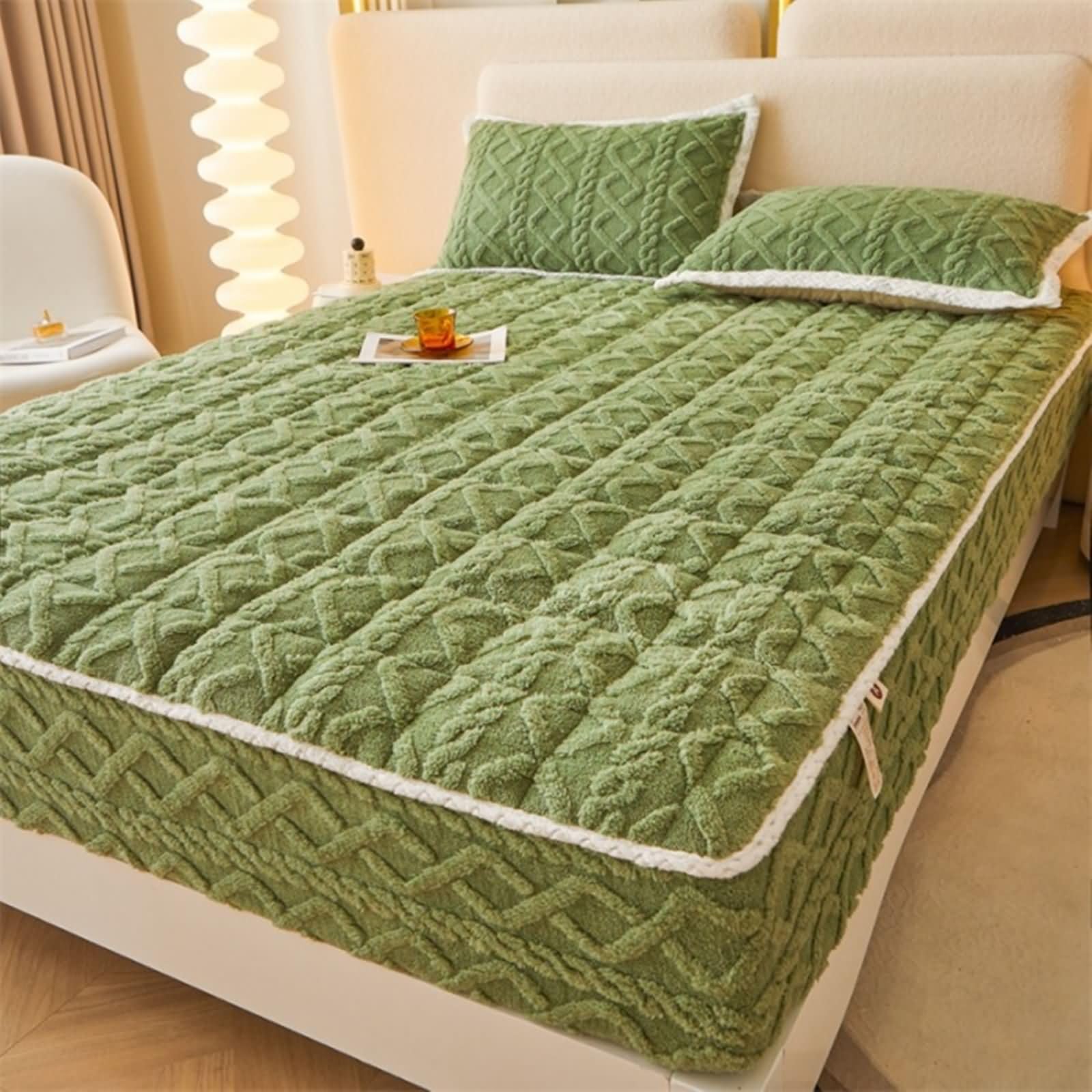Sábana bajera ajustable de franela de color sólido con patrón de rombos y 2 fundas de almohada, fácil cuidado | Verde, Super King (200 x 220 cm)