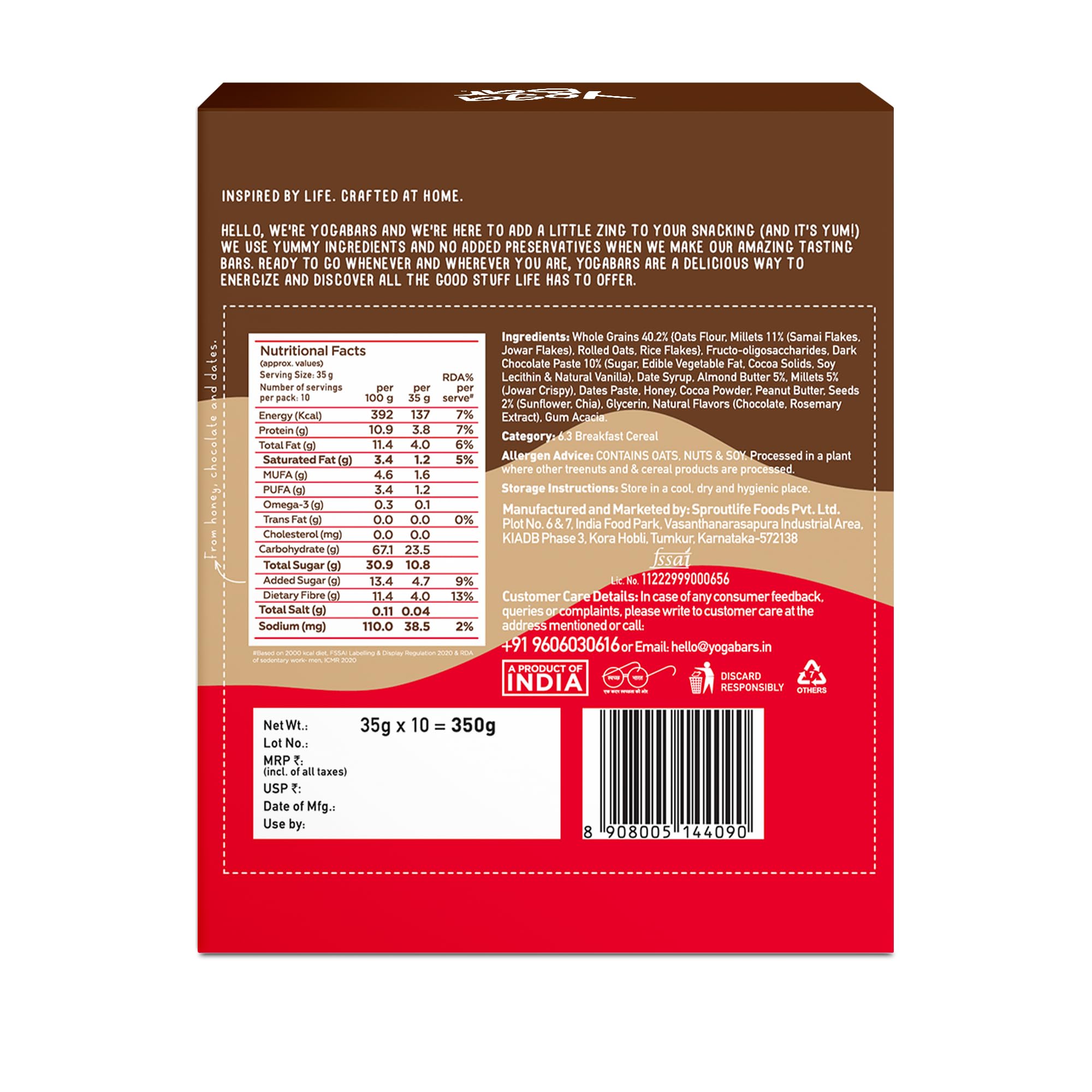 Yogabar Energy Bars Chocolate Chunk | Multigrain Energybar | Pack of 10 x 35g Energy Bars | No Preservatives