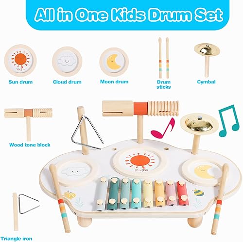 Miniatura 8 de Juego de batería para niños, juego de batería 9 en 1 para niños pequeños, instrumentos musicales Montessori, juguete para bebés, juguetes musicales
