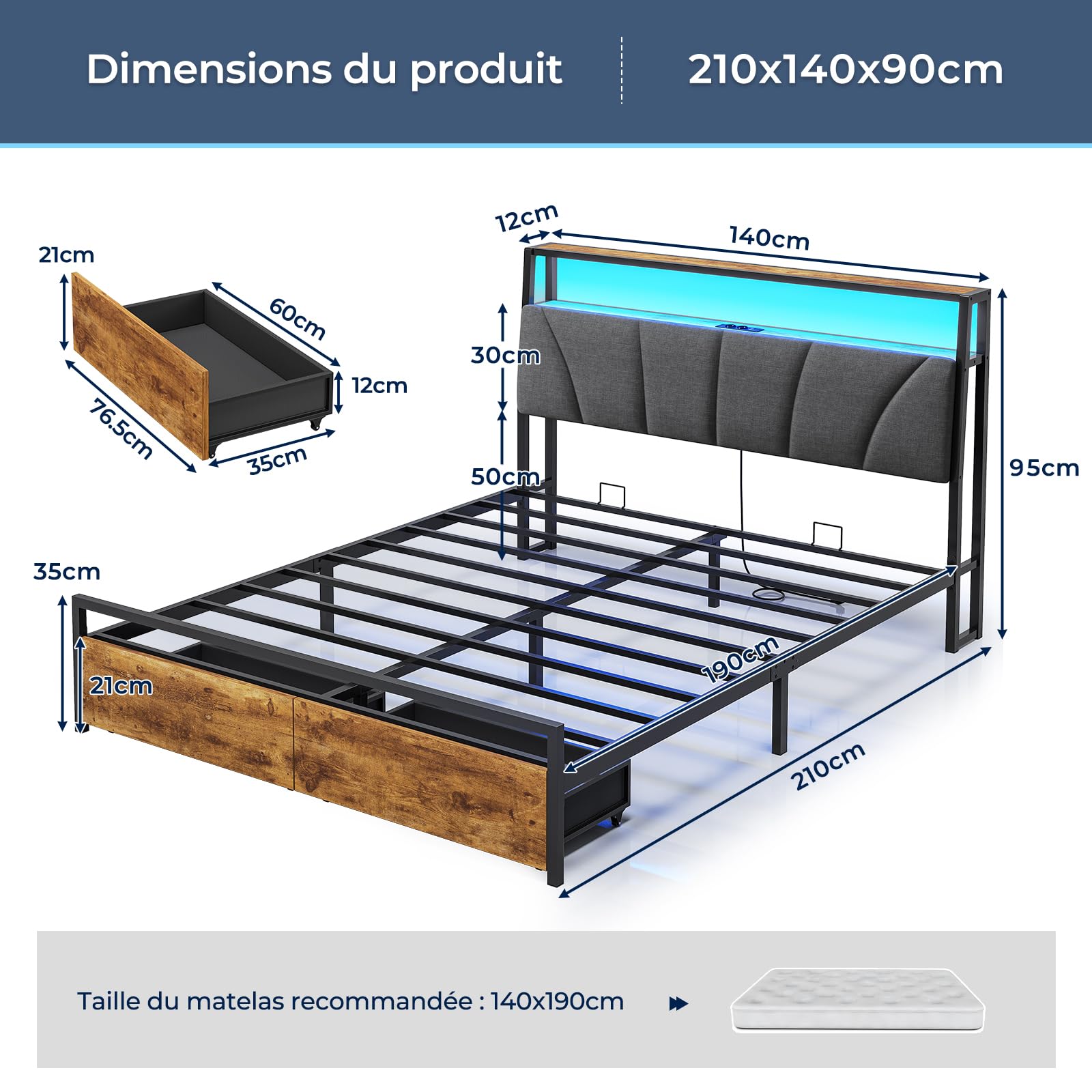 Brinlawb Cadre de Lit 140 x 190 avec Sommier en Métal, Lit 2 Personnes avec Lumières LED et Multiprise (2 Prises AC, 2 Ports USB-A) lit Double 140x190 cm avec 2 Tiroirs, Facile à Assembler, Gris