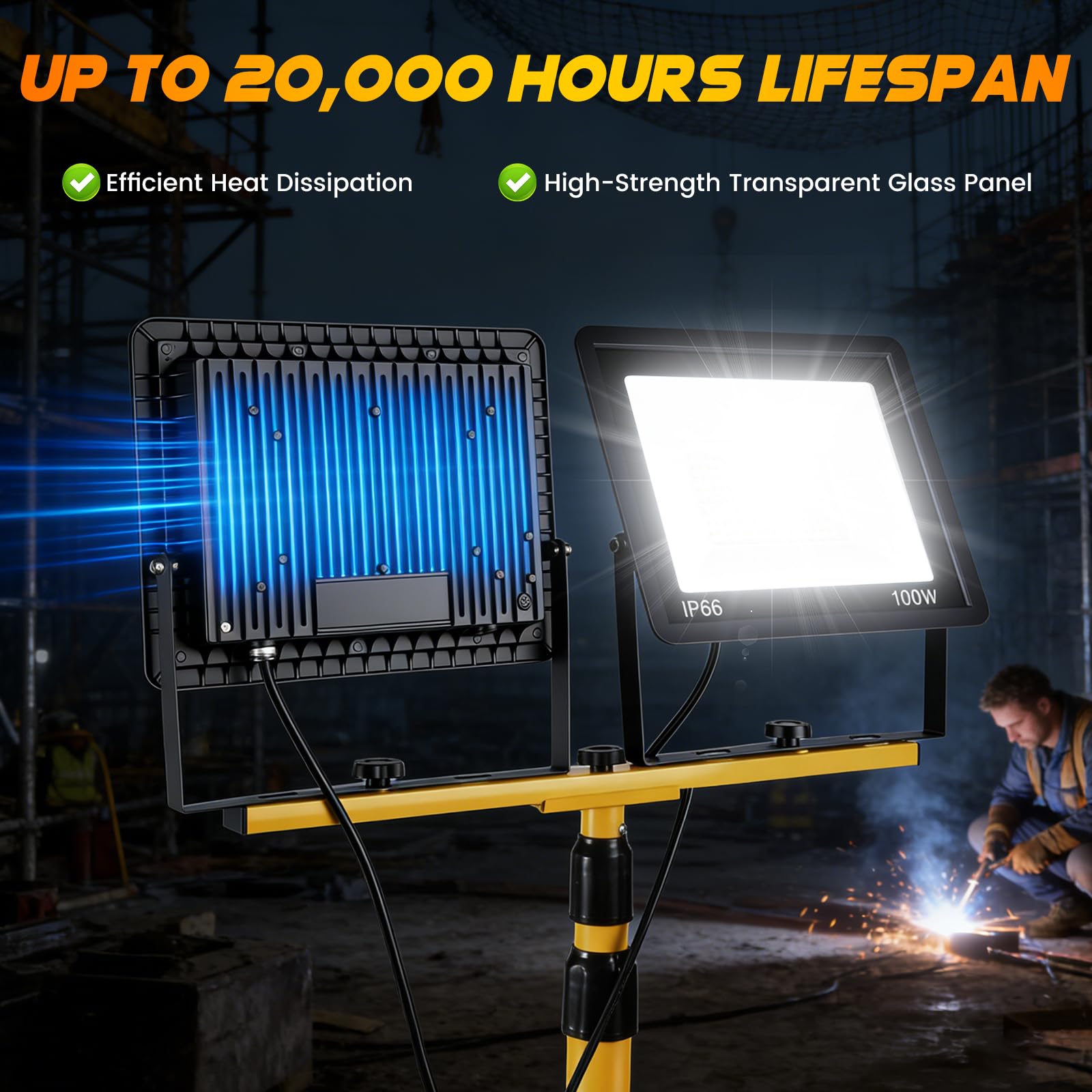 Baustrahler LED mit Stativ, 2x100W 21000LM Baustellenlampe, 5M Kabel IP66 Wasserdicht 72LEDs 360° Drehbar Bauscheinwerfer, höhenverstellbar Baustellenstrahler, für Garage & Baustelle