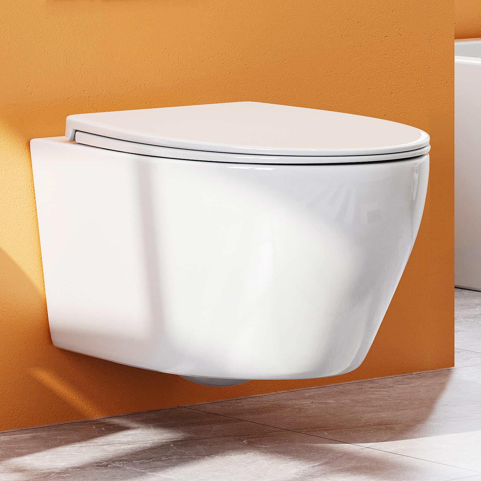 Teal Home WC sospeso in ceramica con coperchio WC con abbassamento automatico – Ciotola WC con risciacquo superspin monoforo, WC bianco con rivestimento nano – 52 × 37 × 34,5 cm