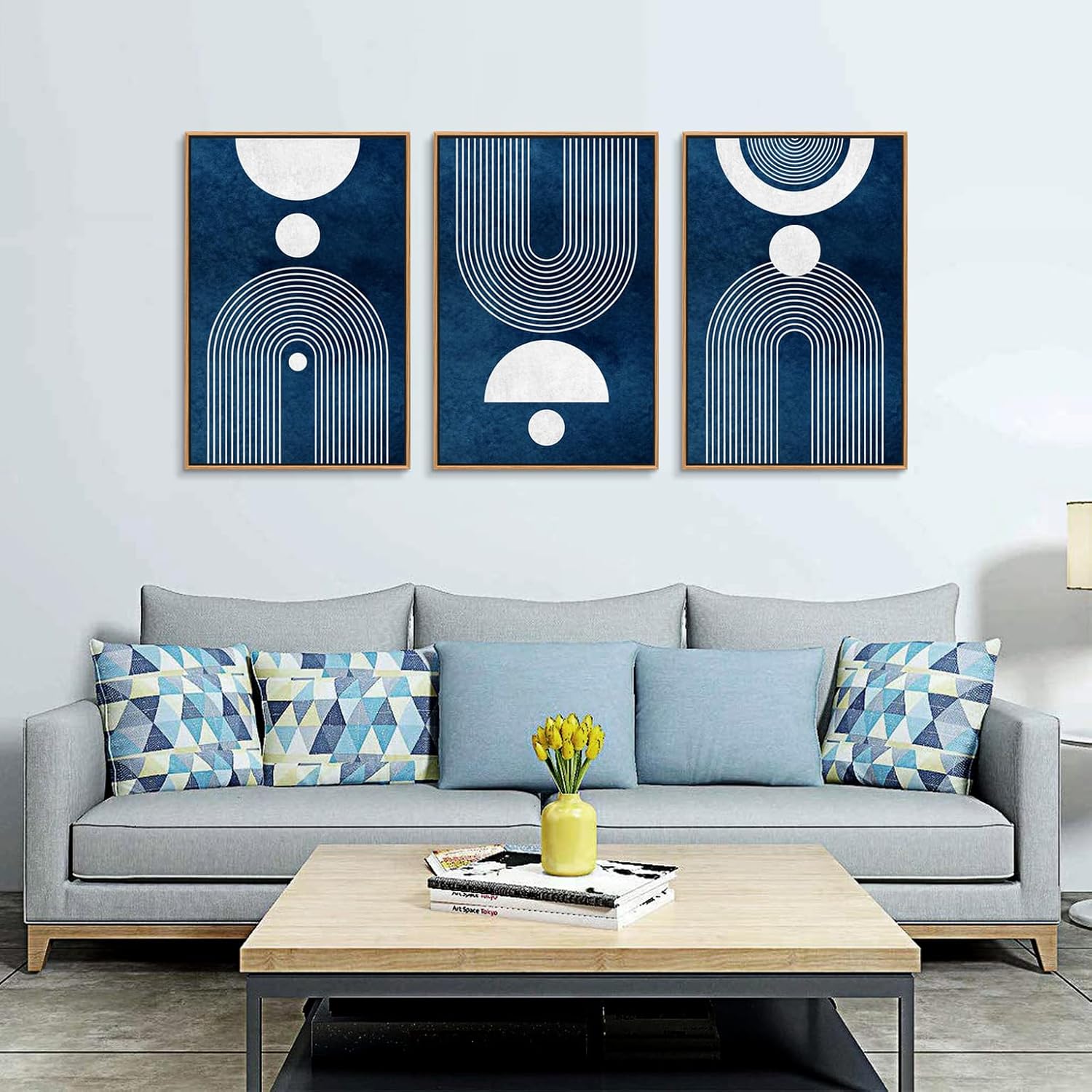 Framed Boho Canvas Wall Art - Mid Century Modern Geometric Pictures Prints Blue and White Minimalist Artwork Bohemian Wall Art for Bedroom Living Room Bathroom Office Decor 16" x 24" x 3 Piece Set