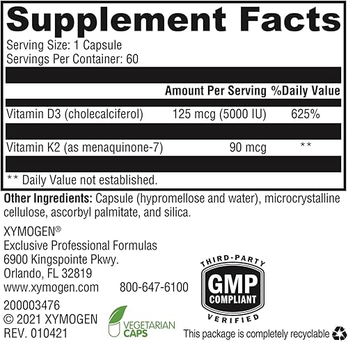 Miniatura 6 de XYMOGEN K2-D3 5000 - Vitamina D3 K2 - Vitamina D biodisponible 5000 UI (colecalciferol) con vitamina K2 MK-7 - Corazón, arterial, salud ósea +
