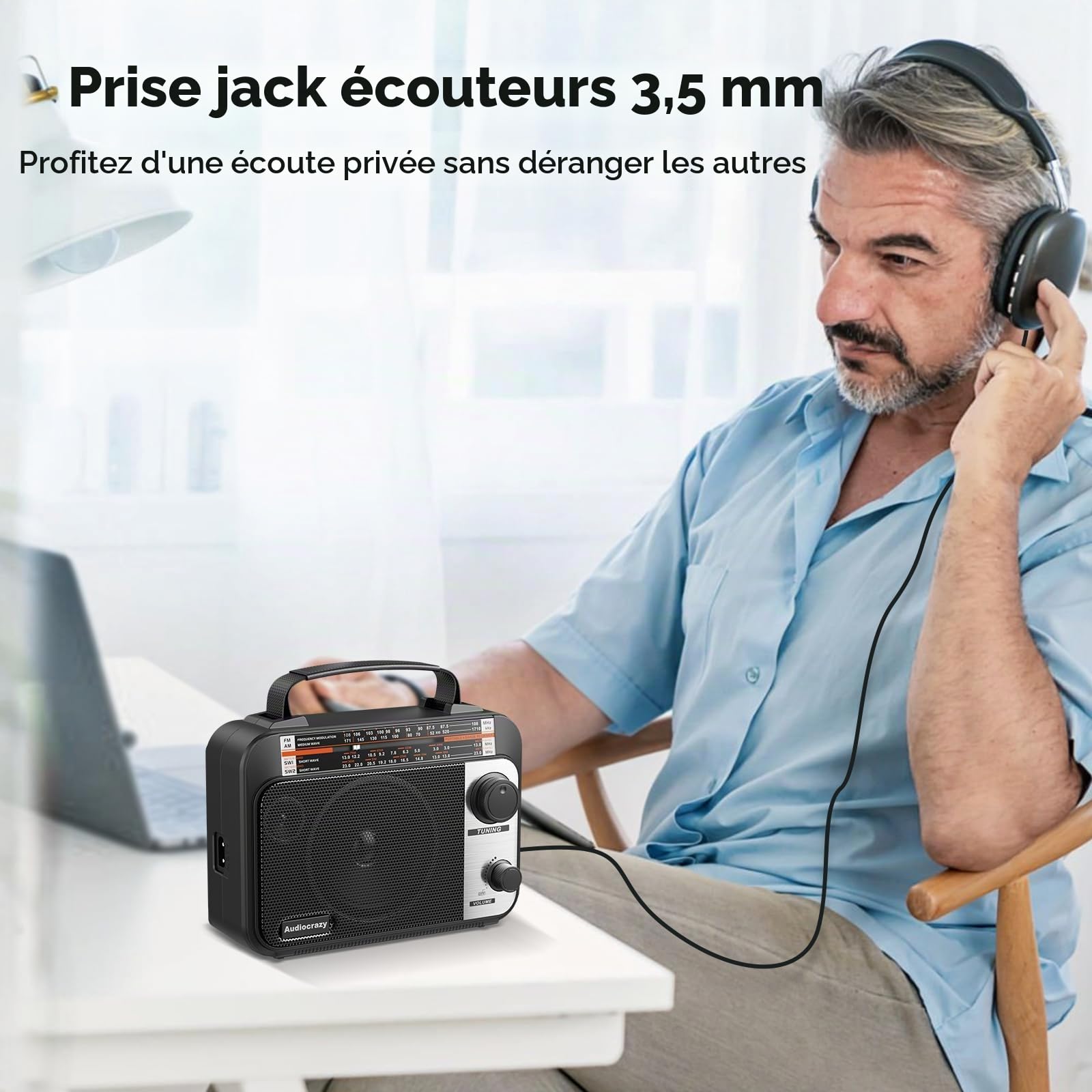 Radio Portable FM/AM/SW1-2 Radio Multibande avec Batterie Rechargeable 1800 mAh, Câble AC Ou Radio FM Portable avec Piles, Haut-parleurs, Prise Casque, Entrée AUX Noir