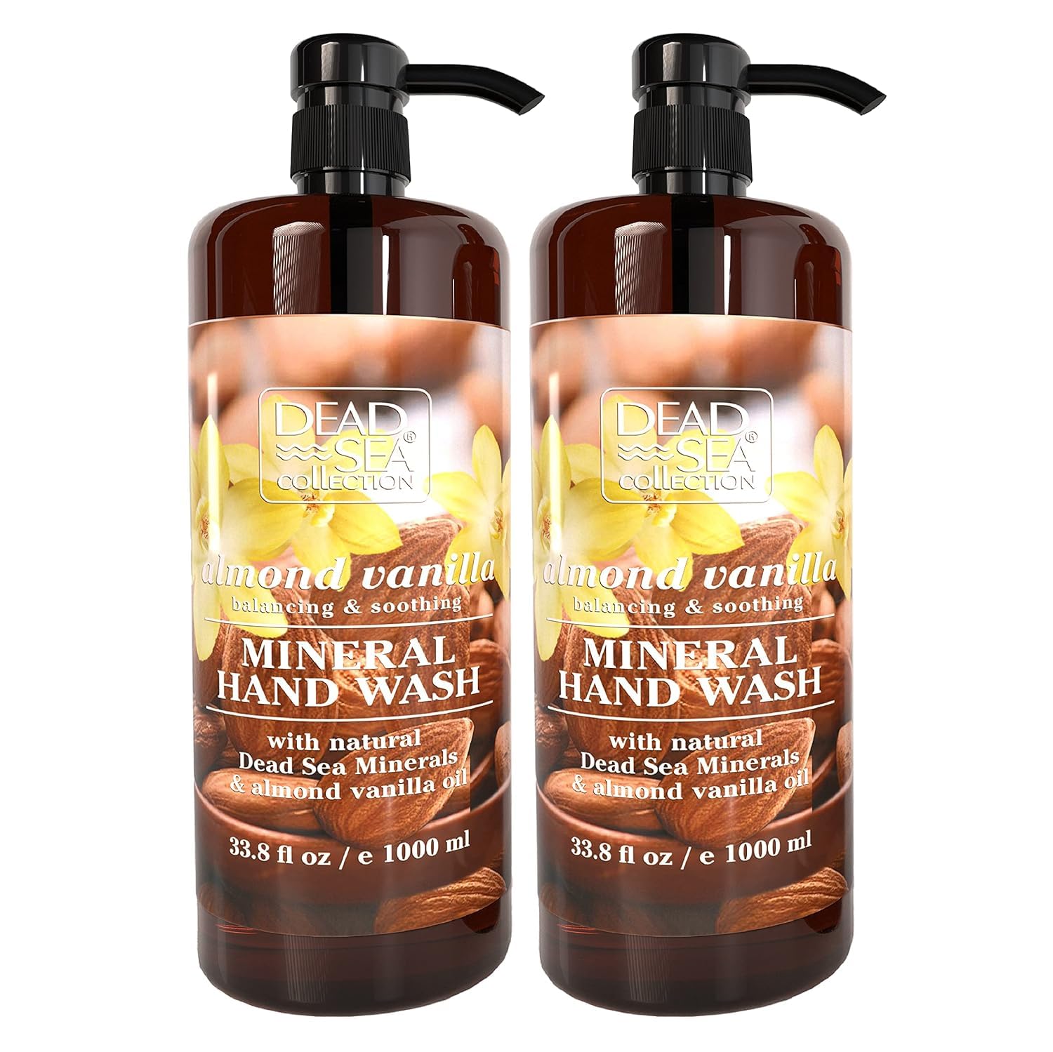 Dead Sea Collection Hand Soap Pump Almond Vanilla - Moisturizing Hand Wash Liquid with Dead Sea Minerals - Almond Vanilla Oils, Balancing & Soothing Pack of 2 (33.8 Fl Oz Each) - 67.6 Fl Oz Total