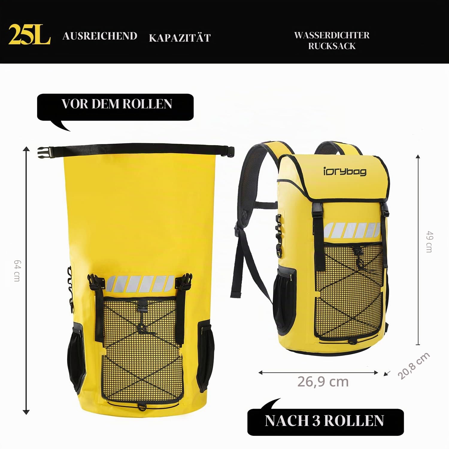 IDRYBAG Wasserdichter Rucksack für Herren 25L/45L, wasserdichte Taschen zum Kajakfahren, wasserdichter Rucksack zum Wandern.