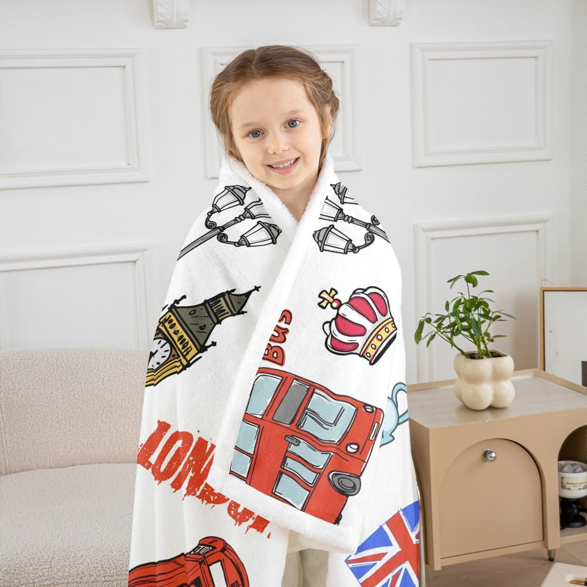 Feelyou Kids Big Ben Plush Blanket Cartoon Famous Telephone Booth Fleece Blanket for Sofa Couch Cute Retro UK Theme Sherpa Throw Blanket Ultra Soft London Decor Fuzzy Blanket Throw 50"x60"