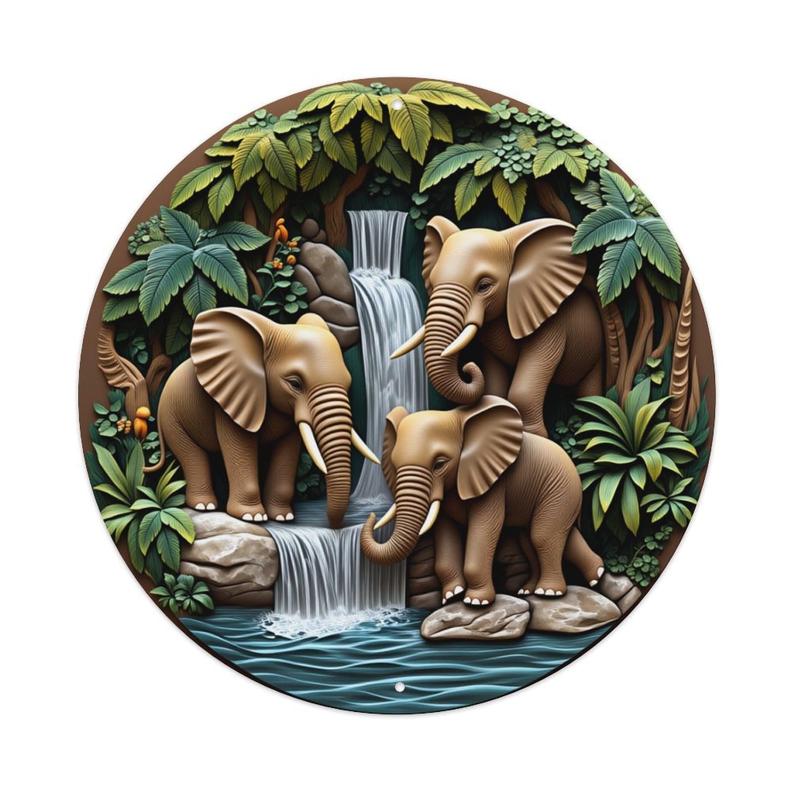 Elephant Family Waterfall Jungle Scene Round Tin Sign Retro Metal Sign for Cafe Bar Pub Home Game Room Gym Club Wall Decoration Vintage Metal Poster 8x8 Inch