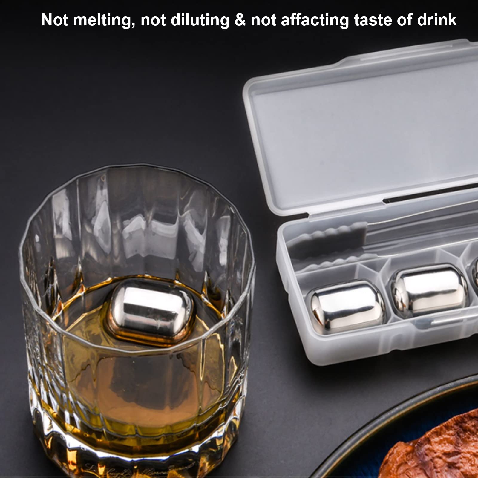4 kamienie do whisky, metalowe kostki lodu ze stali nierdzewnej, skały whisky wielokrotnego użytku kamienie chłodzące do napojów i bourbon, zestaw upominków do picia dla mężczyzn tata mąż, prezent na