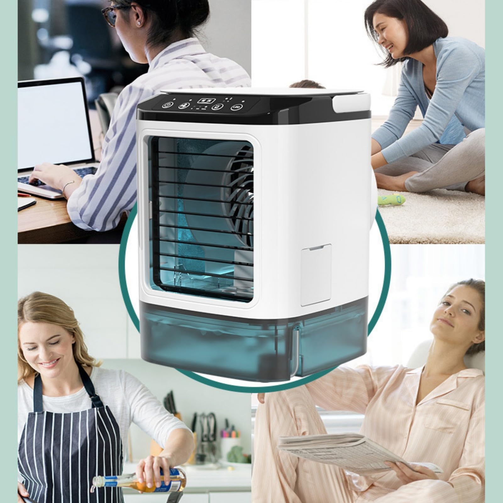 Condizionatore Portatile Senza Scarico 900 ml, Mini Condizionatore Mobile Silenzioso con 3 Velocità, Vassoio Ghiaccio, 7 LED, Raffreddatore Aria per Casa, Ufficio, Campeggio e Viaggi