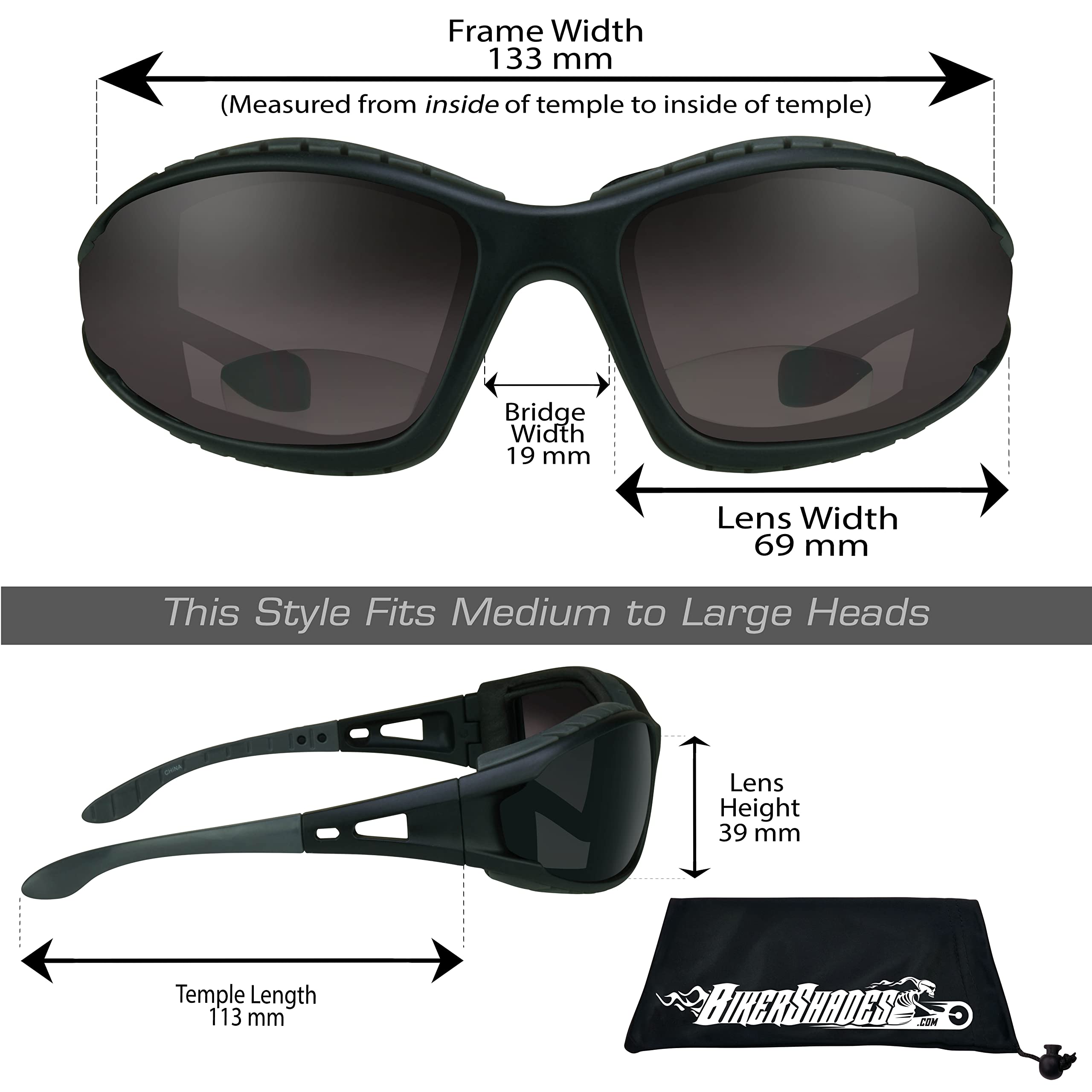 Bikershades Motorcycle Bifocal Riding Sunglasses +2.00 Foam Padded Wind Blocking ANSI Safety Z87 Dark Gray Lens