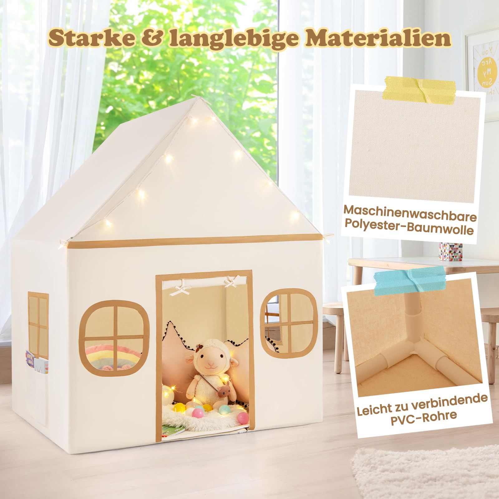 COSTWAY Spielhaus Kinder Indoor, Kinderzelt mit Sternlichter & Gepolsterte Matte, Spielzelt mit Türvorhang & Fenstern, Kinderspielhaus für Jungen & Mädchen ab 3 Jahren (Beige)