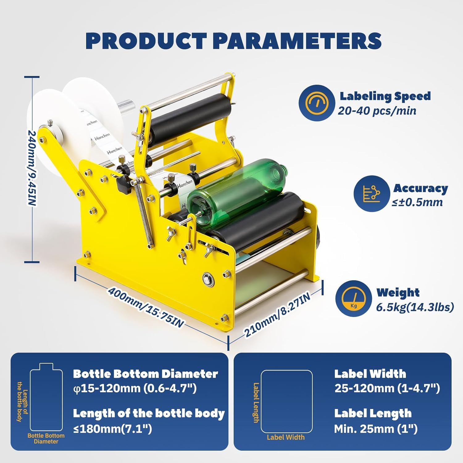 Hanchen Etichettatrice manuale per bottiglie rotonde Applicatrice di etichette con alta precisione e velocità, etichettatrice regolabile per bottiglie rotonde Cilindri Etichettatura senza sforzo (con