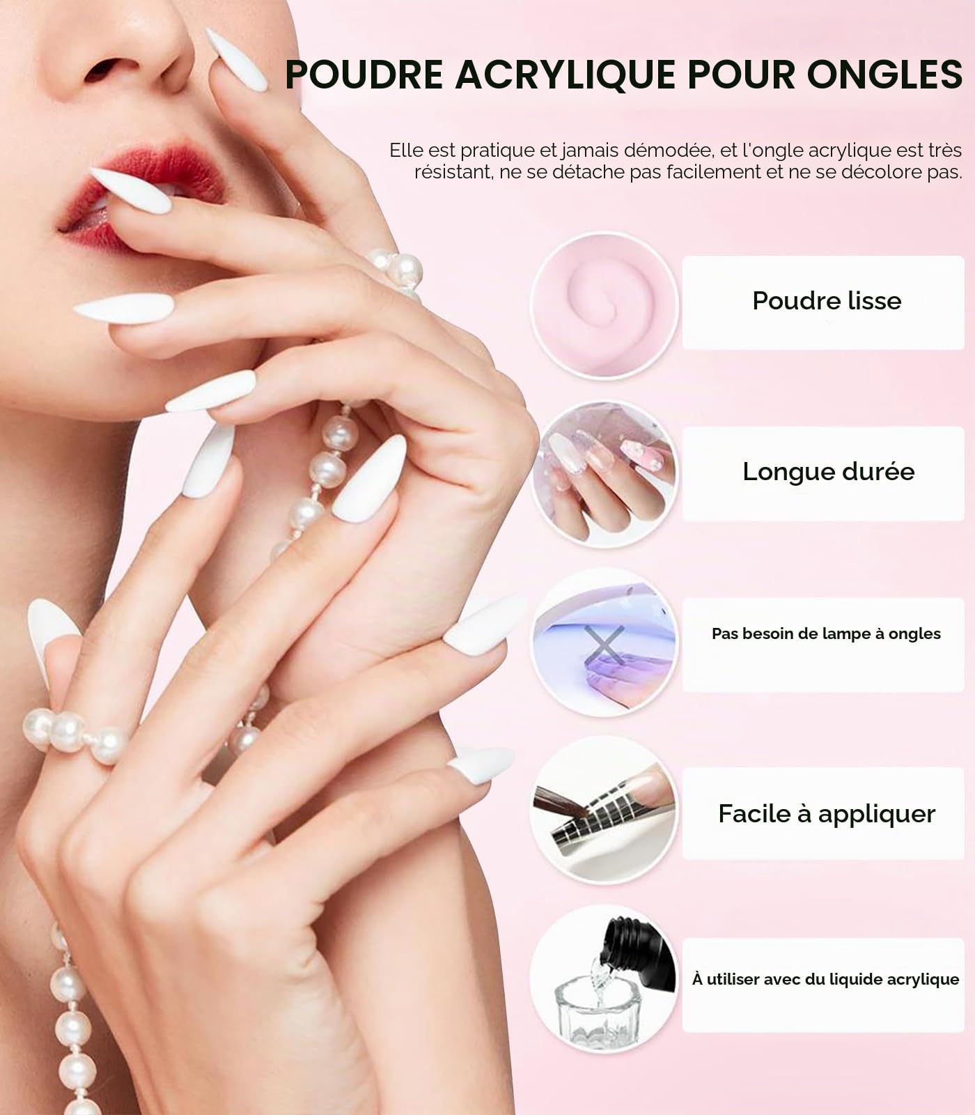 Kit d'ongles en acrylique : poudre acrylique 4 couleurs avec lime à ongles électrique – Lampe UV manuelle d'entraînement et liquide de 75 ml – Kit de pratique des ongles pour les amateurs de manucure