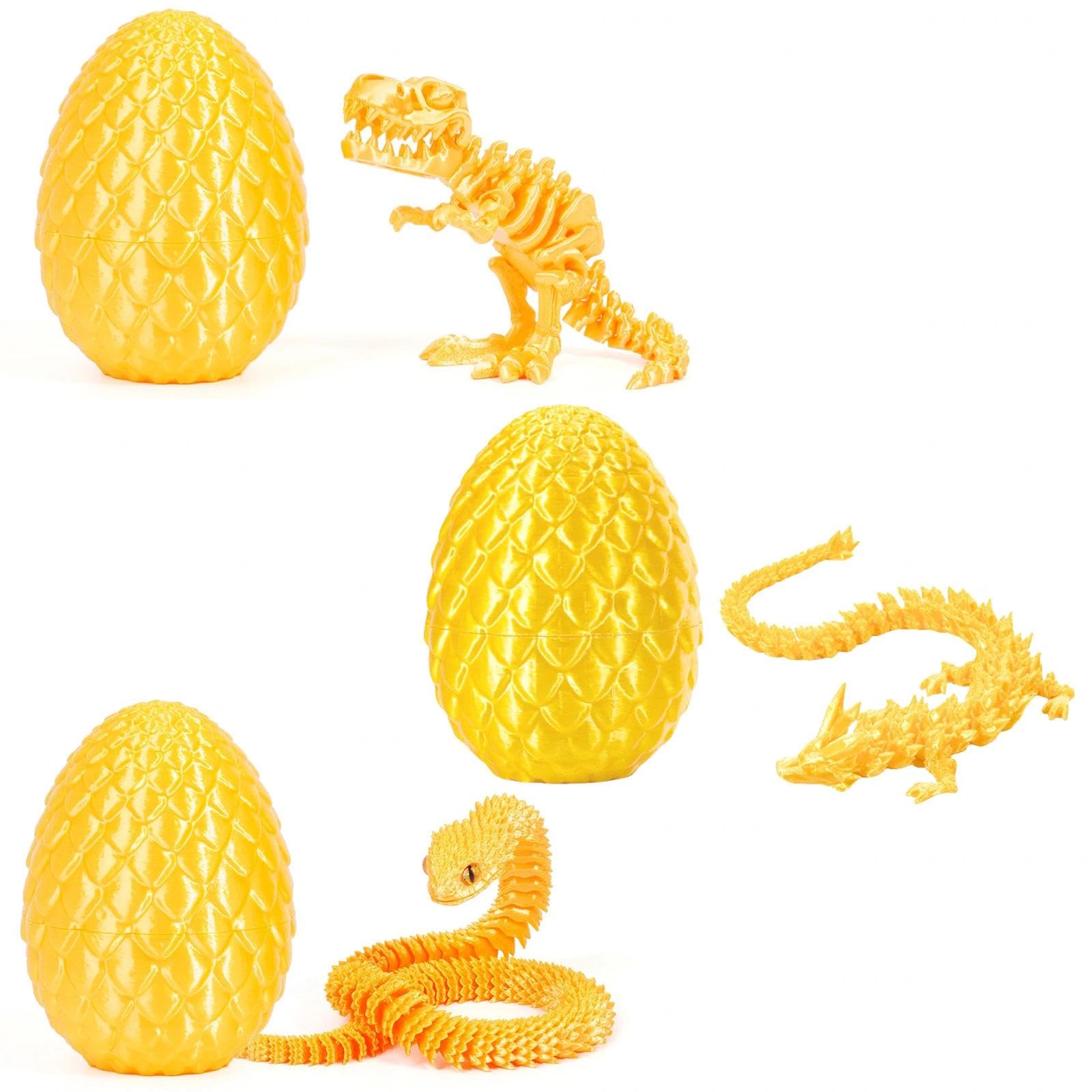 FEITONGFX 3PCS 3D Printed Dragon Printed Viper Tyrannosaurus in Egg for Kids & Adults Gifts, Full Articulated Dragon Home Office Decor, Executive Desk Toys for Autism/ADHD