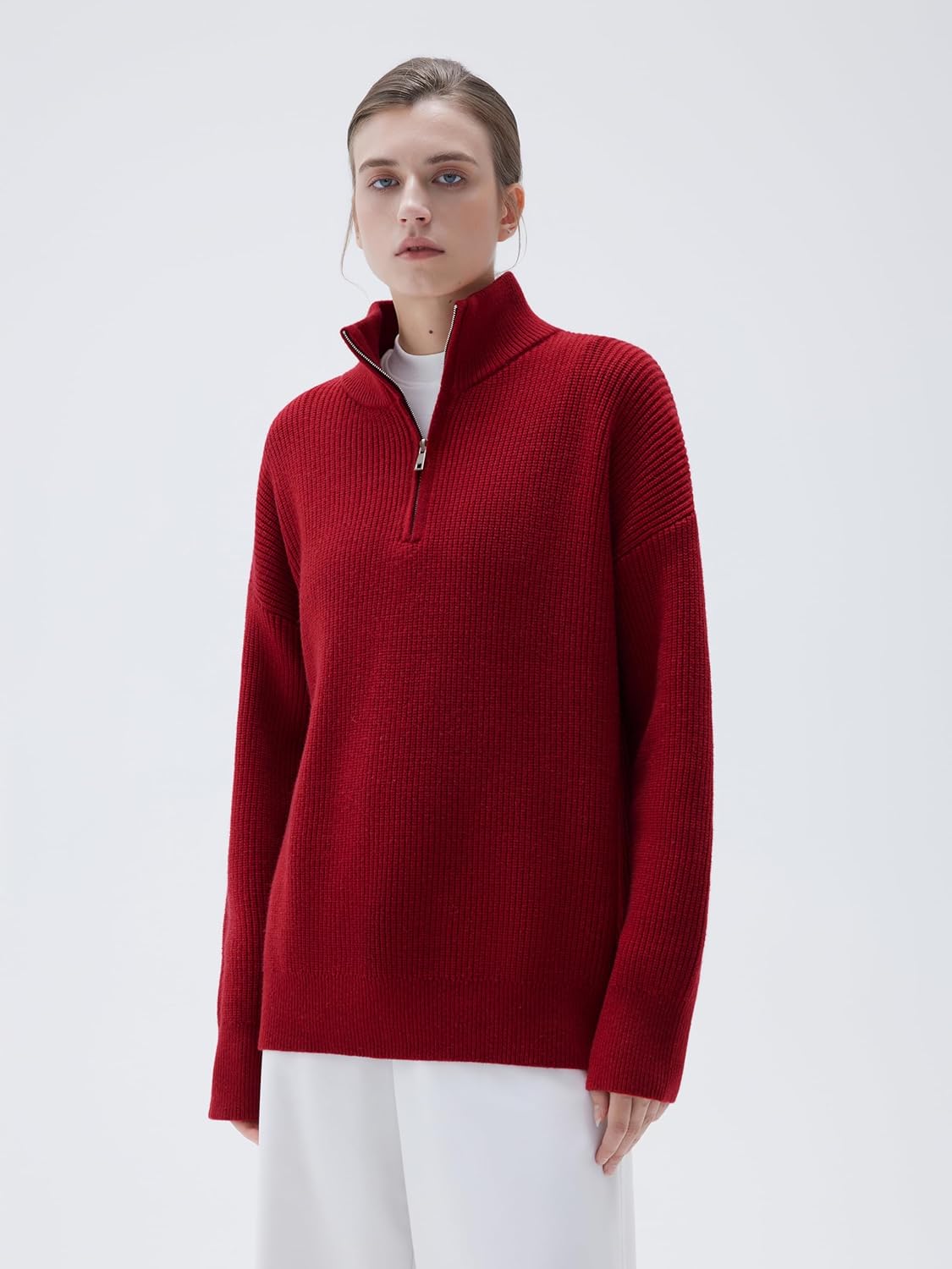 SUUKSESS Women Cashmere Blend Oversized Quarter Zip Pullover Sweater Long Sleeve Collared Ribbed Knit Jumper Tops - Image 5