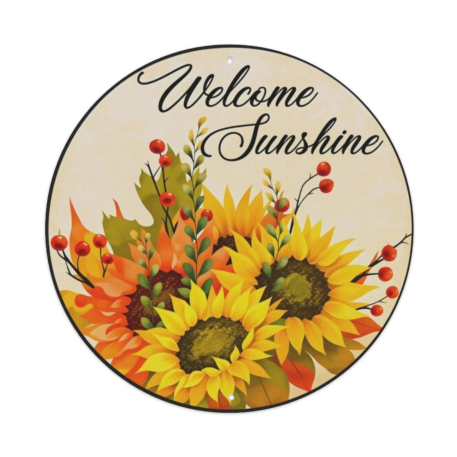 Autumn Sunflower Welcome Sunshine Round Decor Sign Vintage Aluminium Metal Sign, Retro Wall Decor for Home, Bar, Garage & Farmhouse 20x20cm