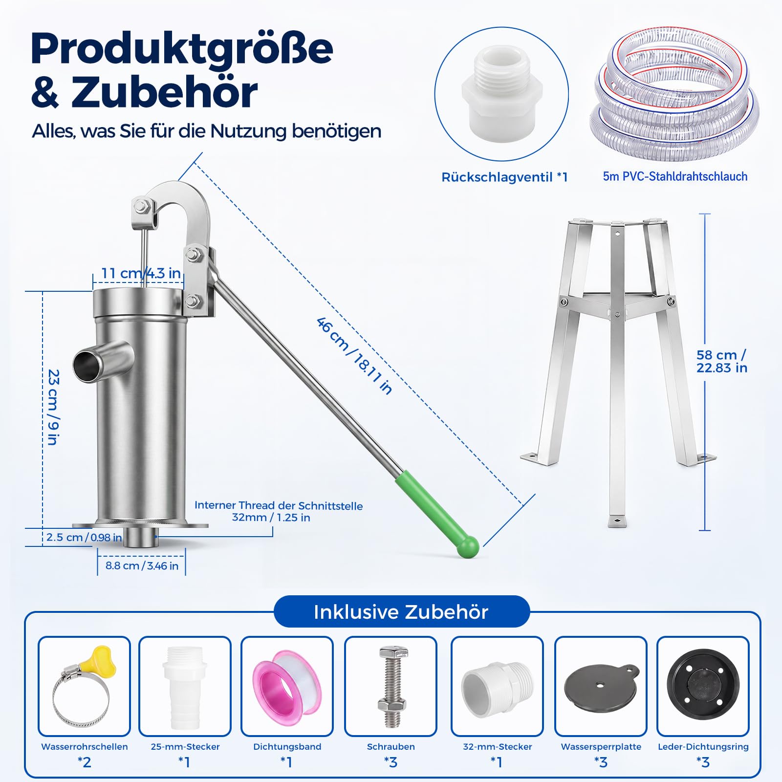 Schwengelpumpe Set, Schwengelpumpe Komplett Set mit 58 cm Ständer & 5 m Schlauch, Handpumpe Wasserpumpe Gartenpumpe Edelstahl Haushalt Grundwasserpumpe Brunnen für Gartenhof Hof und Bauernhof
