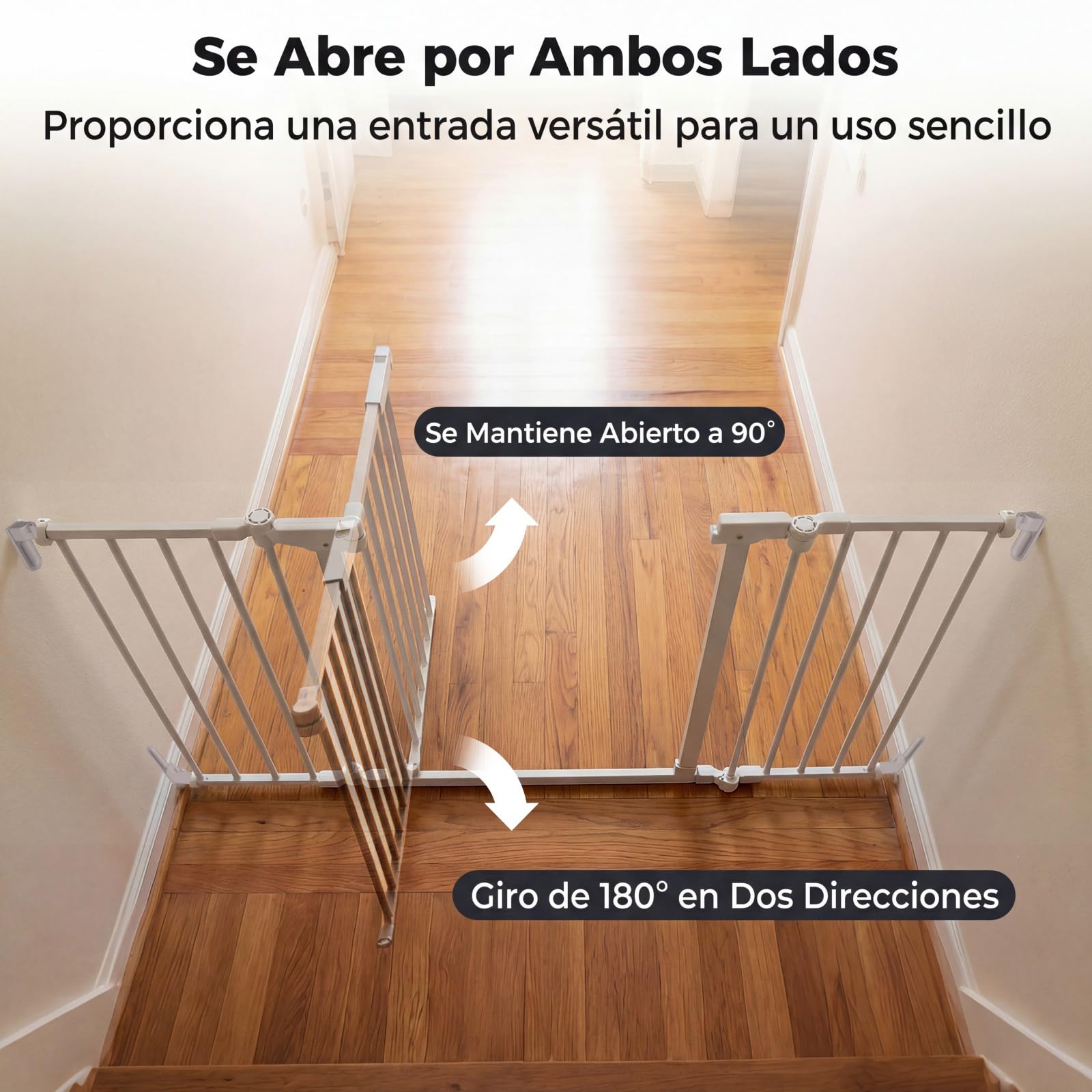 COSTWAY Barrera de Seguridad para Niños, 74,5-198 x 74,5 cm, Valla de Seguridad de 3 Paneles con Doble Bloqueo, Apertura en Dos Direcciones, Puerta Escalera de Metal para Bebés y Perros (Blanco)