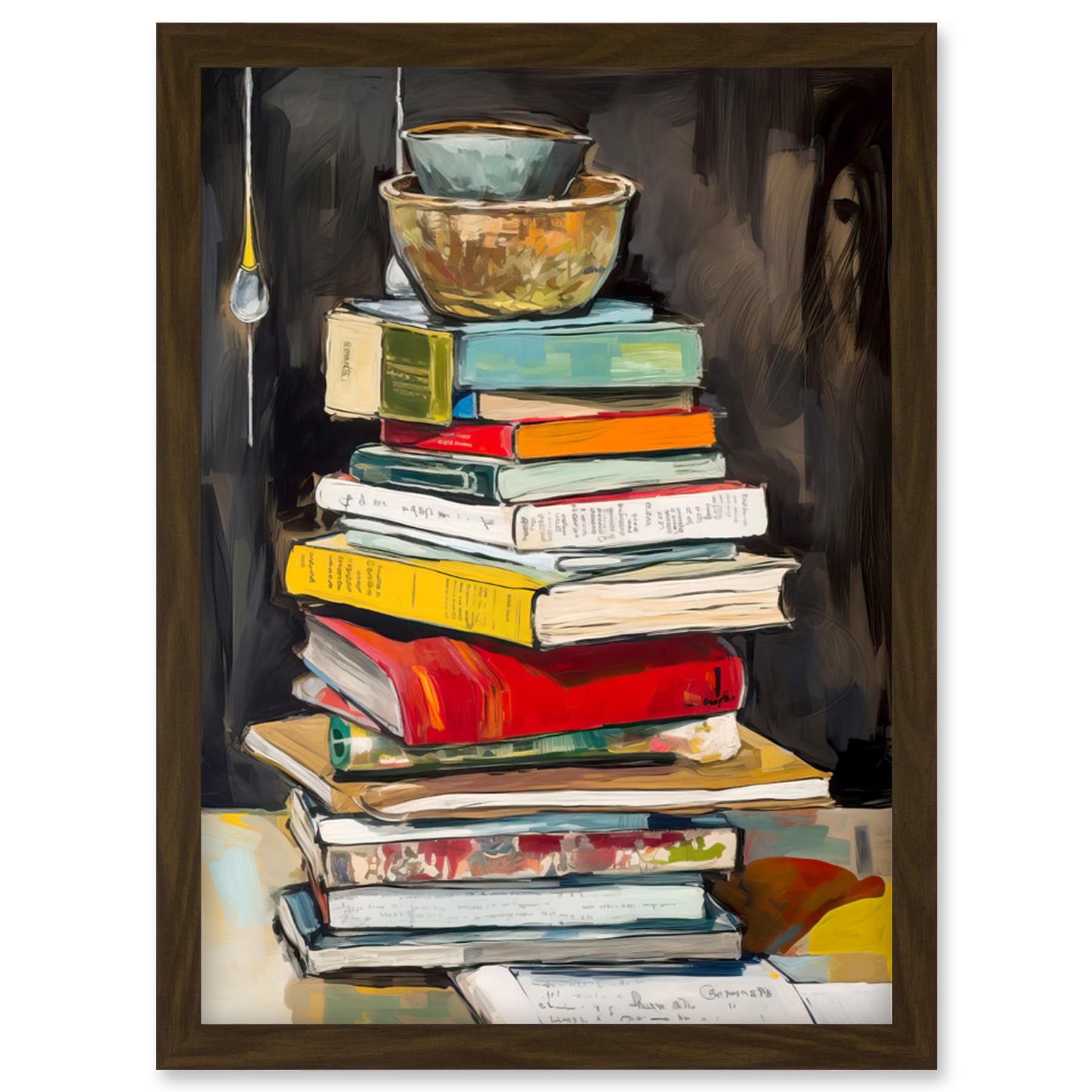 Artery8 A Stack of Recipe Cookbooks with Bowls on Top Artwork Framed Wall Art Print A4