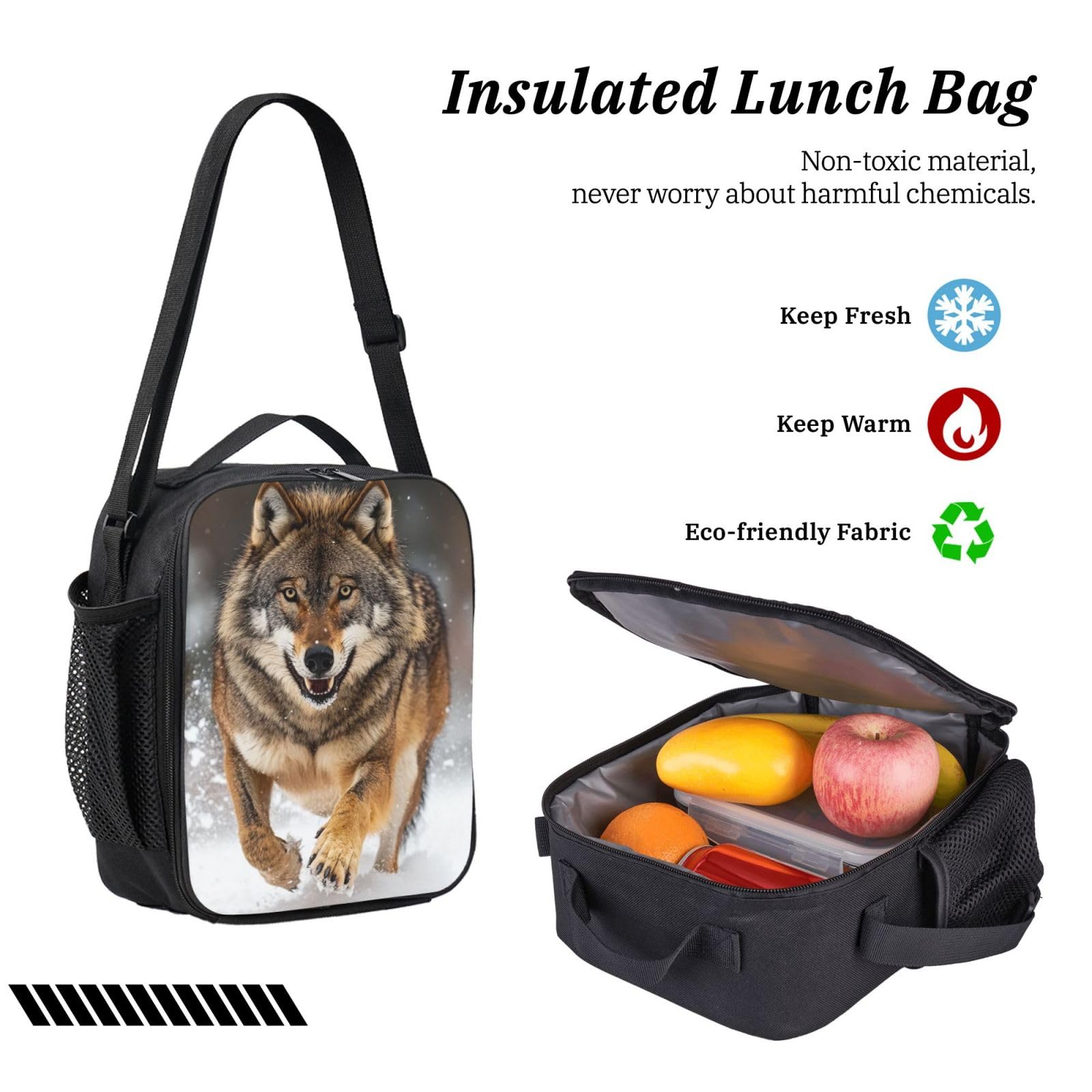 Zestaw plecaków Smart Wolf Print z torbą na lunch i piórnikiem | Minimalistyczny zestaw dla nastolatków, izolowana torba na artykuły pa, codzienne użytkowanie na zewnątrz