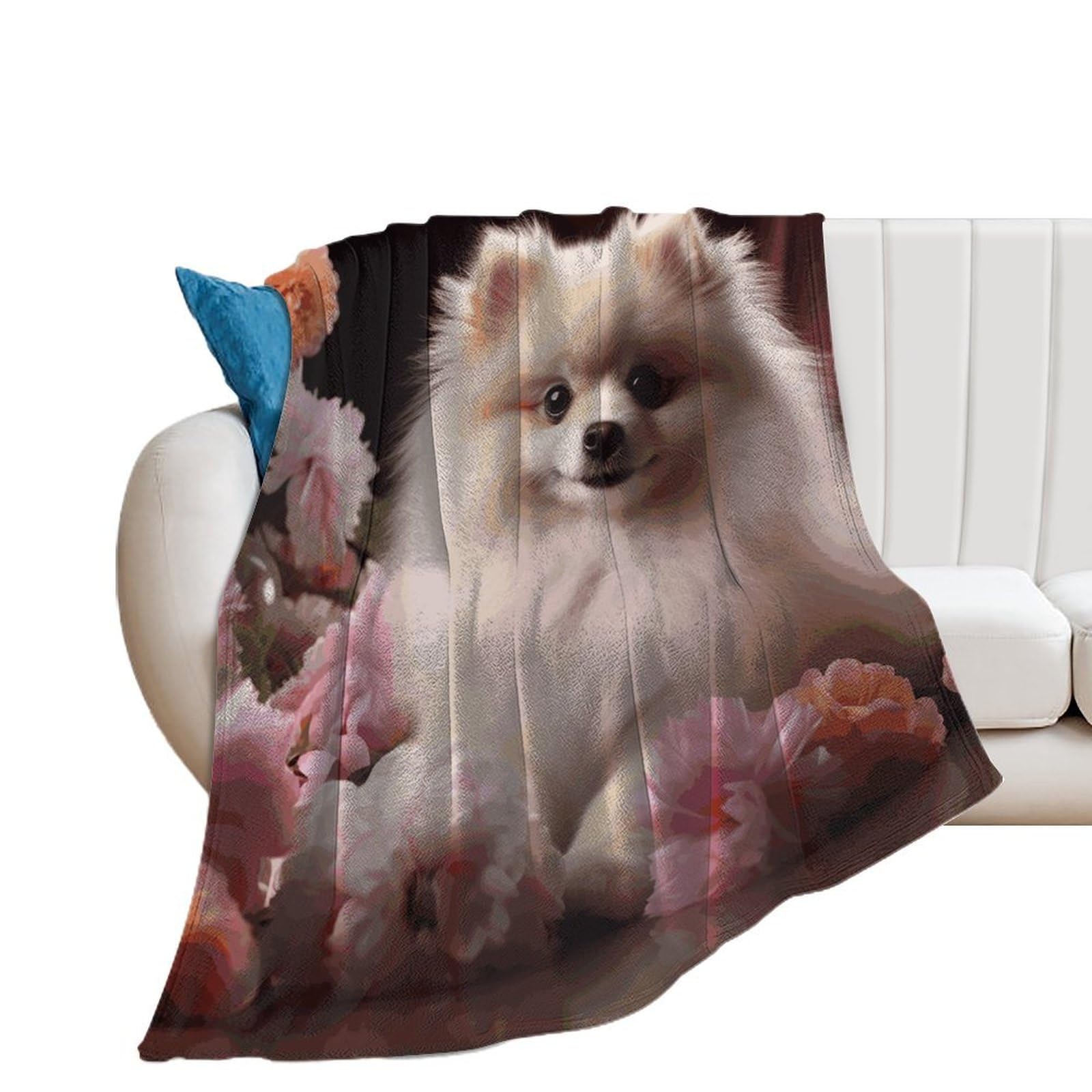 Couverture flanelle Poméranie et fleurs, le cadeau douceur idéal pour lit et canapé